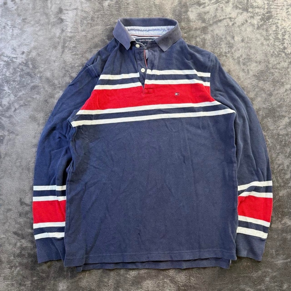 Tommy Hilfiger Long Sleeve Striped Rugby Polo Mens Small Navy Red White Classic